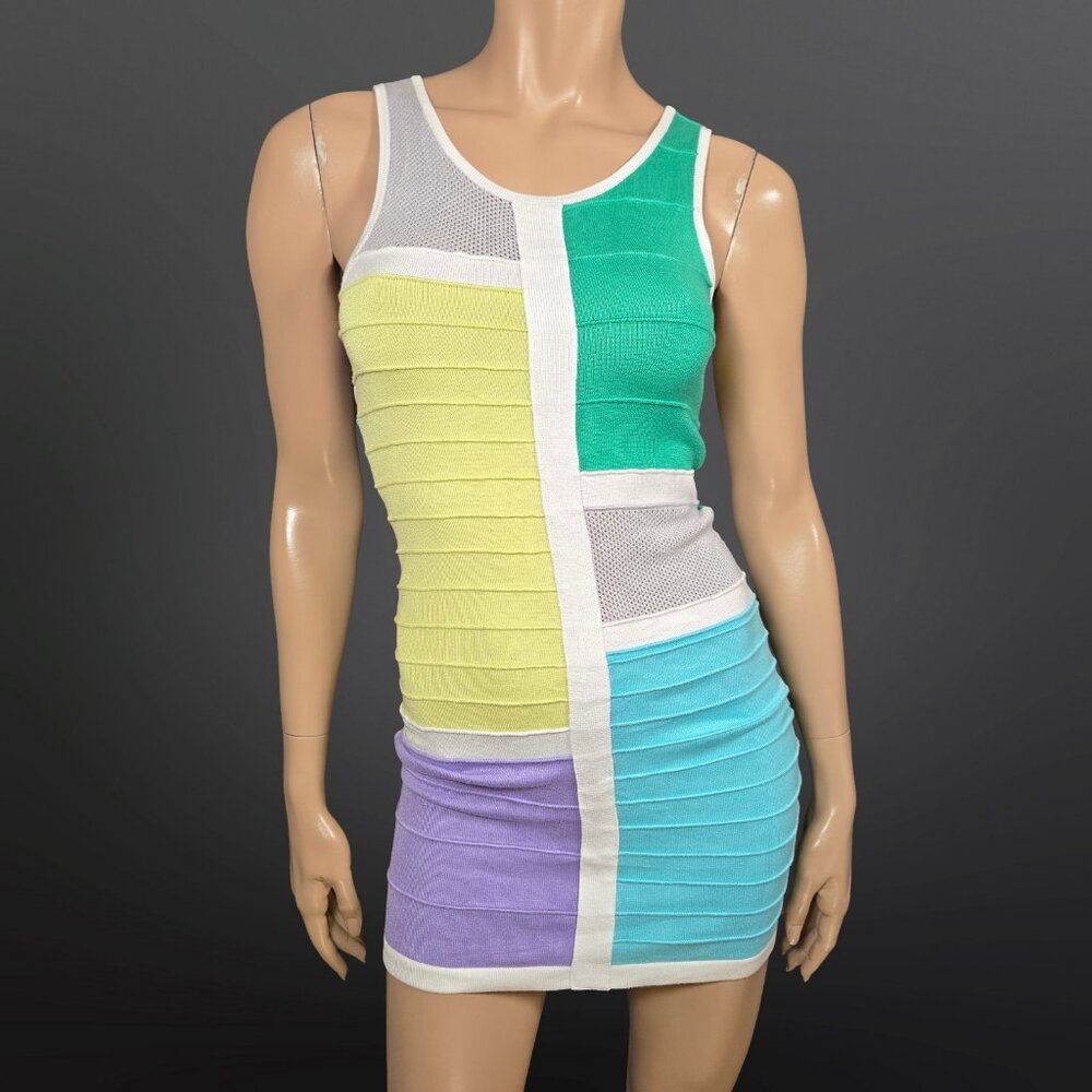 Y2K Colorblock Knit Bodycon Mini Dress Size S Colorful Sleeveless Yellow White
